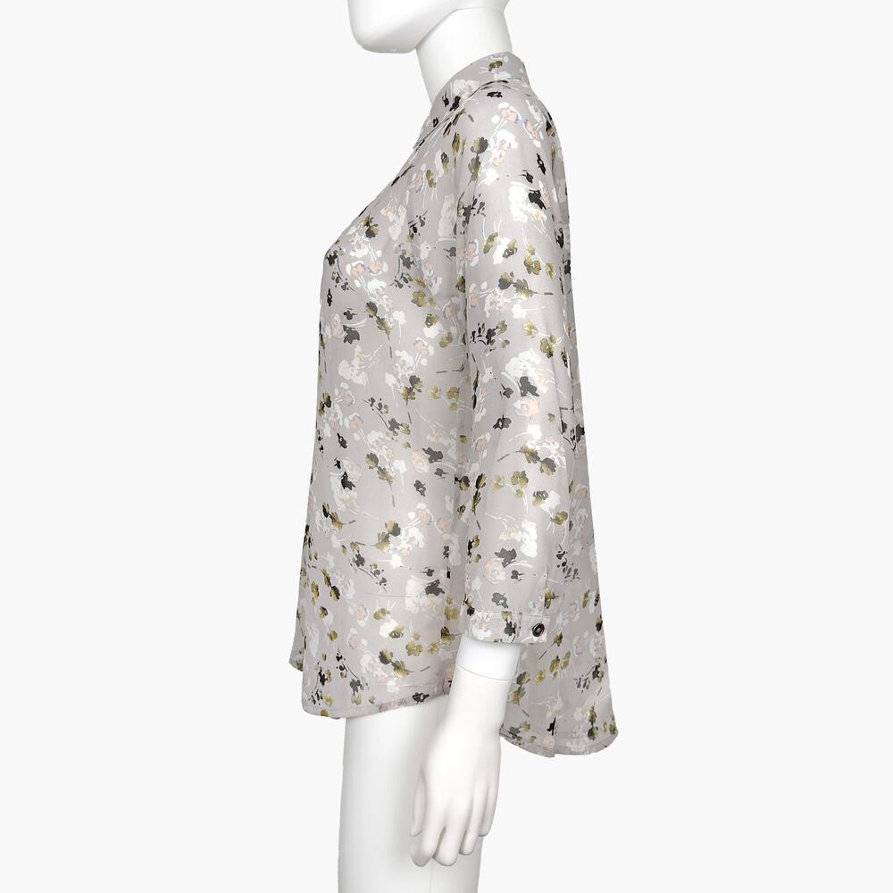 CABI Matinee Sheer Chiffon 3/4 Sleeve Button-Up Floral Blouse (Gray | Size XS) - Picture 4 of 8